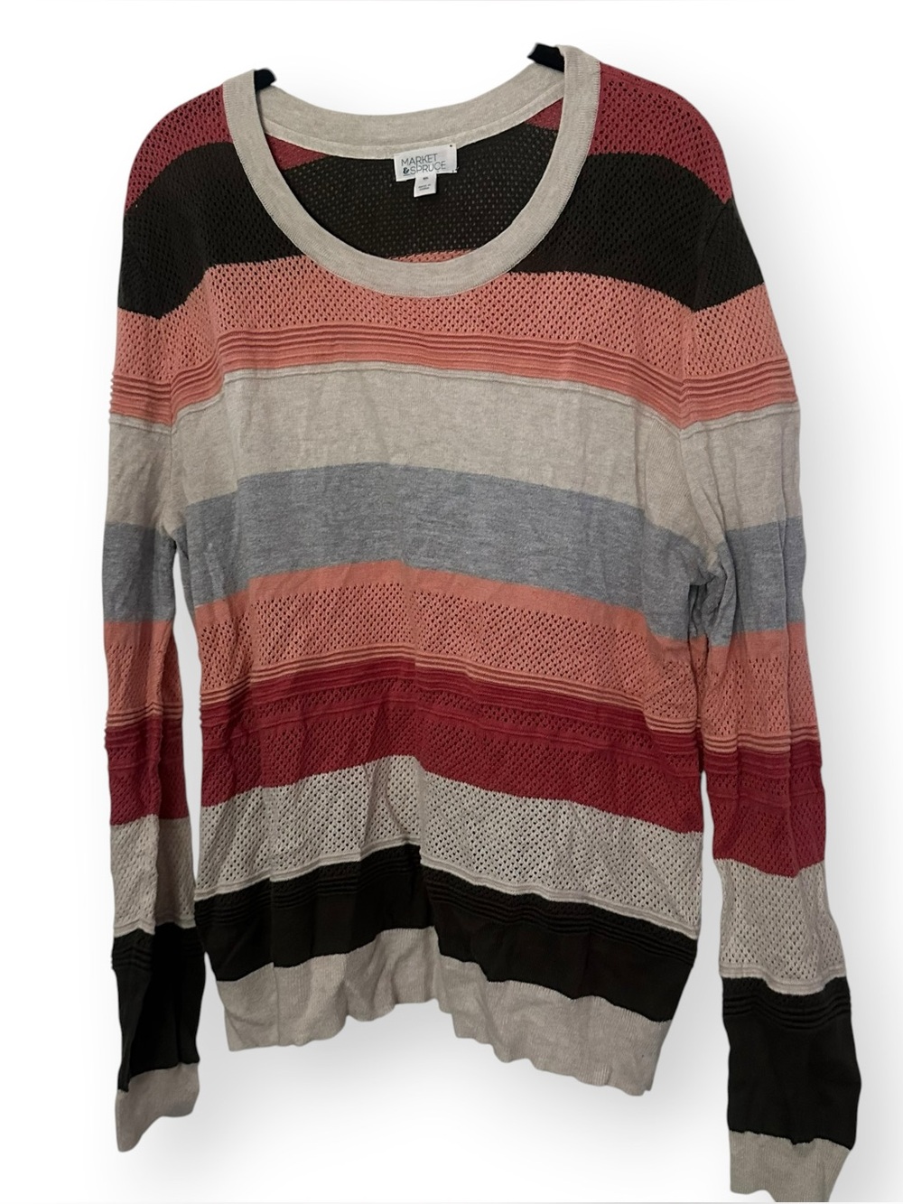 Market & Spruce Multi-Color Striped Open-Knit Crewneck Sweater